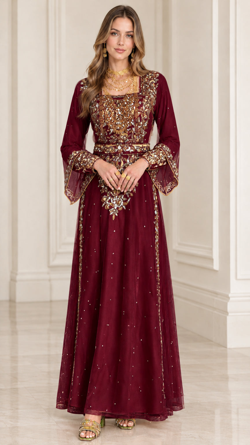 Burgundy wine red embroidered modest maxi dress with gold accents