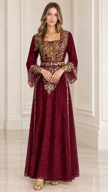 Burgundy wine red embroidered modest maxi dress with gold accents