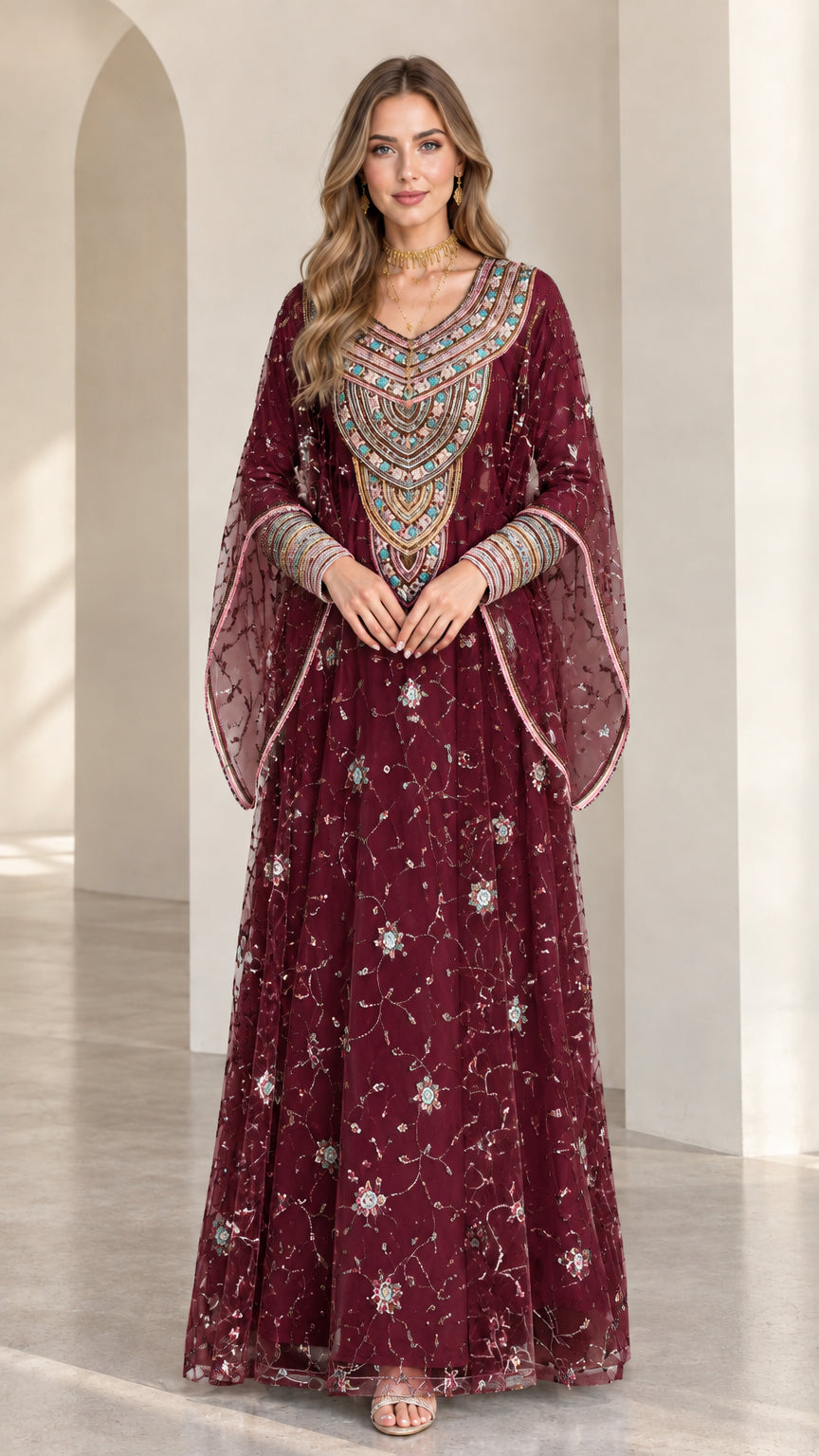 Full front view of burgundy wine embroidered cape sleeve kaftan maxi dress