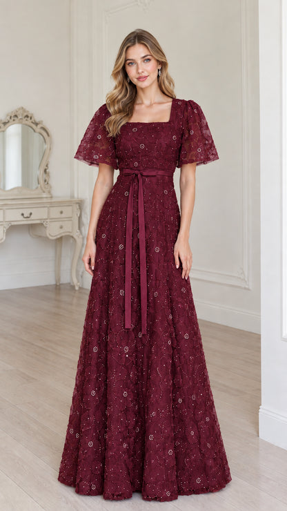 Full-length burgundy wine lace evening maxi dress with ribbon sash