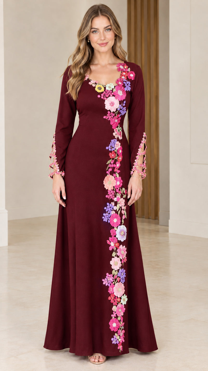 Burgundy wine long sleeve maxi evening dress with colorful floral trim