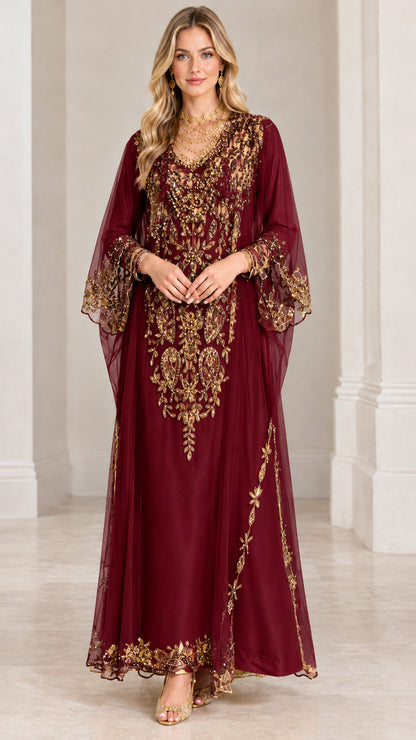 Front view of deep burgundy evening kaftan gown with gold floral embroidery