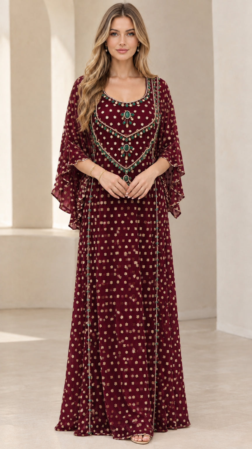Full-length front view of embellished kaftan maxi dress in burgundy