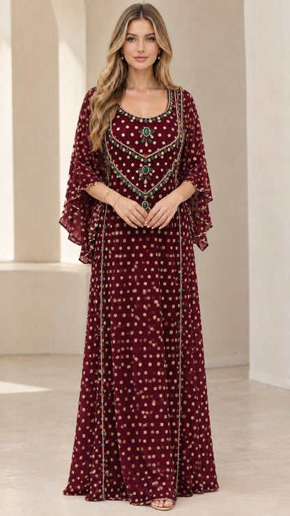 Full-length front view of embellished kaftan maxi dress in burgundy