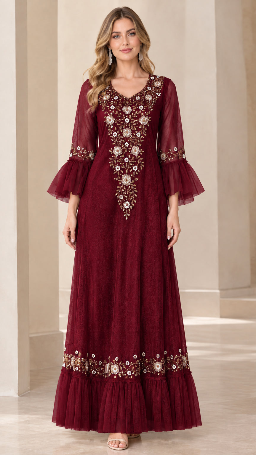 Burgundy wine red floral embroidered formal maxi dress