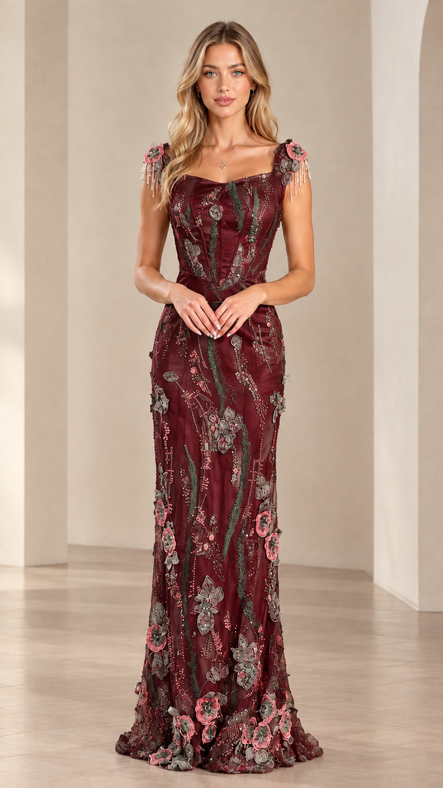 Burgundy wine red embroidered corset formal gown