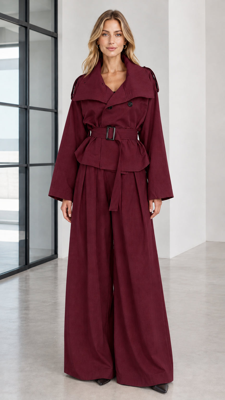 Front full view of woman wearing deep burgundy belted trench suit two-piece set