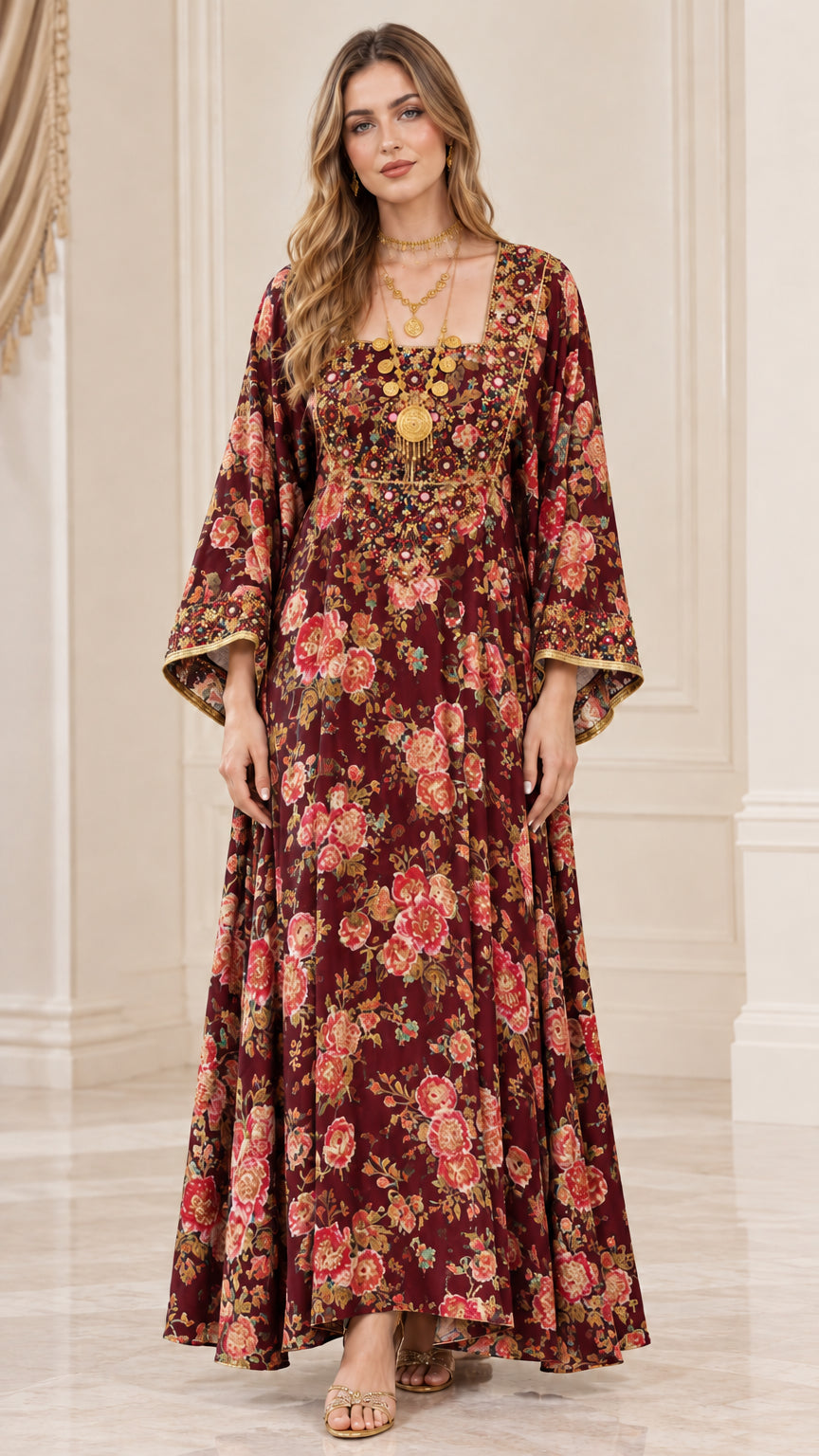 Front view of woman wearing burgundy wine floral embroidered bell sleeve maxi dress