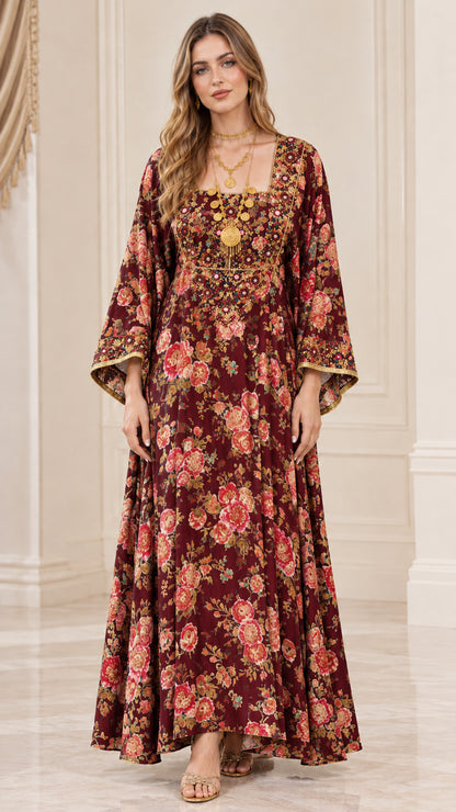 Front view of woman wearing burgundy wine floral embroidered bell sleeve maxi dress