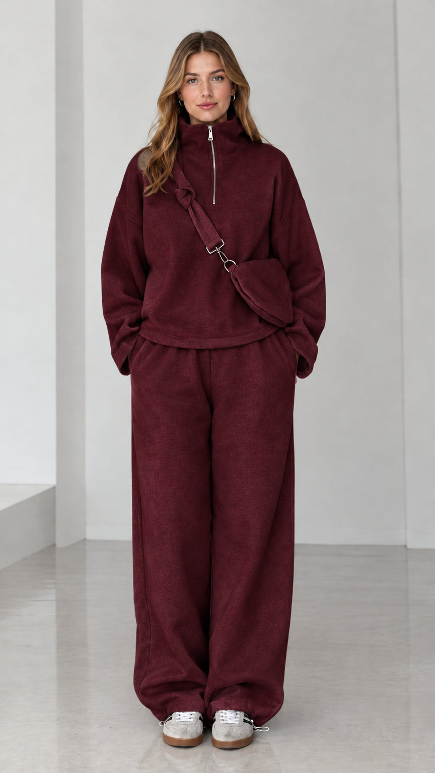 Burgundy deep red fleece half-zip sweatshirt and wide-leg track pants set