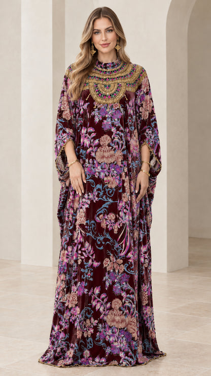 Front view of burgundy wine floral velvet kaftan dress with ornate neckline
