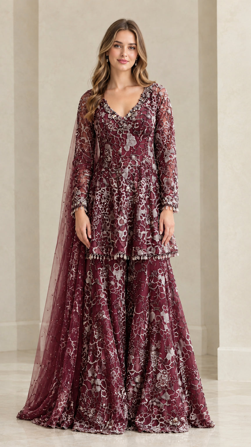 Burgundy wine embellished lace peplum sharara suit set for formal events