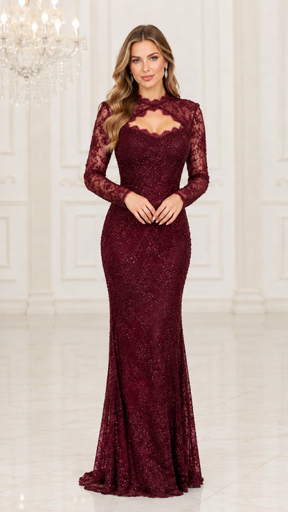 Burgundy long sleeve high neck sequin lace evening dress front view