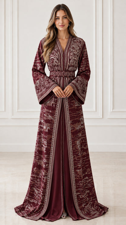 Full front view of model wearing Burgundy wine red embroidered kaftan maxi gown