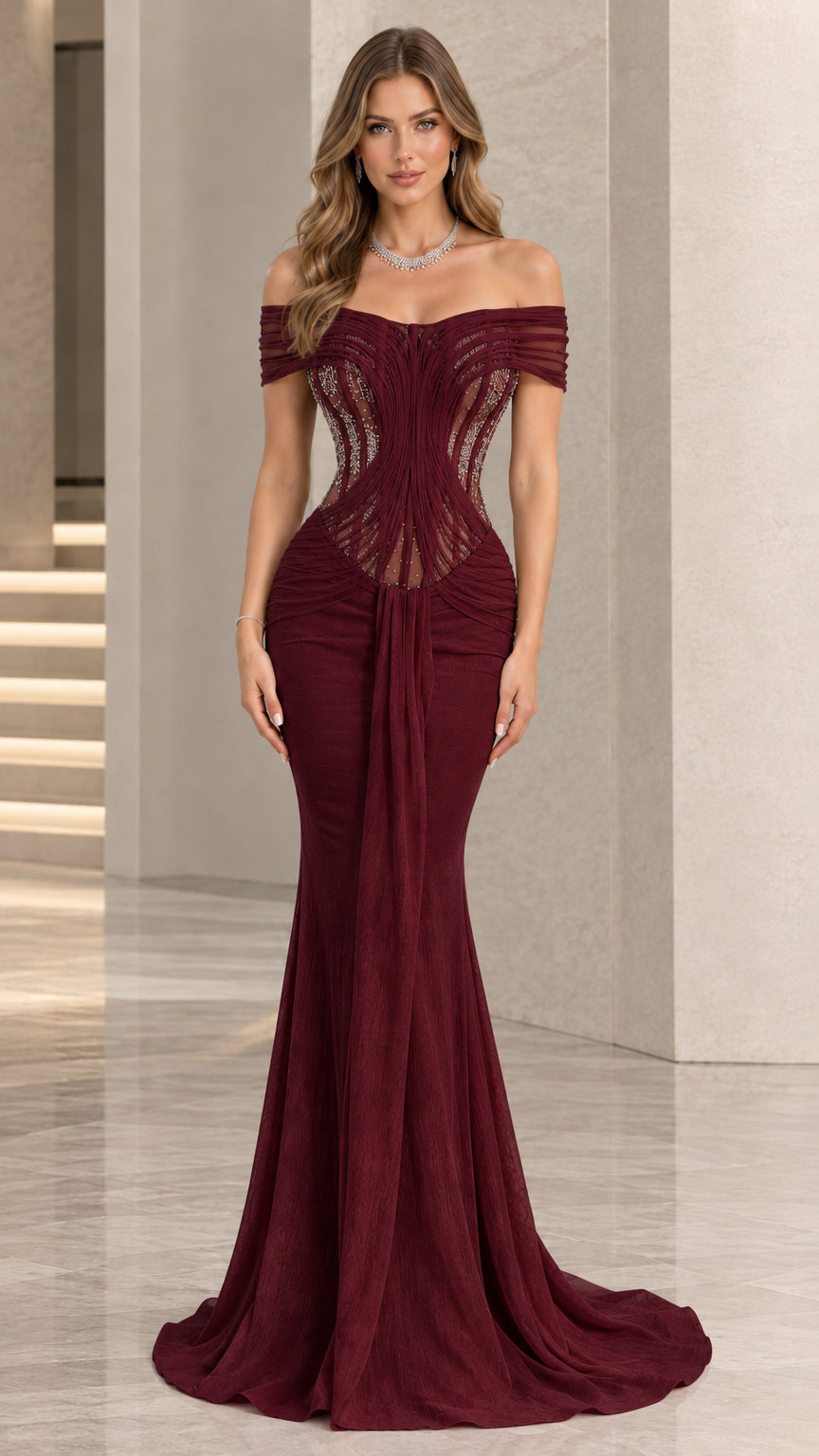 Burgundy wine red off-the-shoulder formal mermaid gown