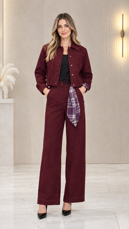 Full front view of women's burgundy red cropped jacket and wide-leg pants set