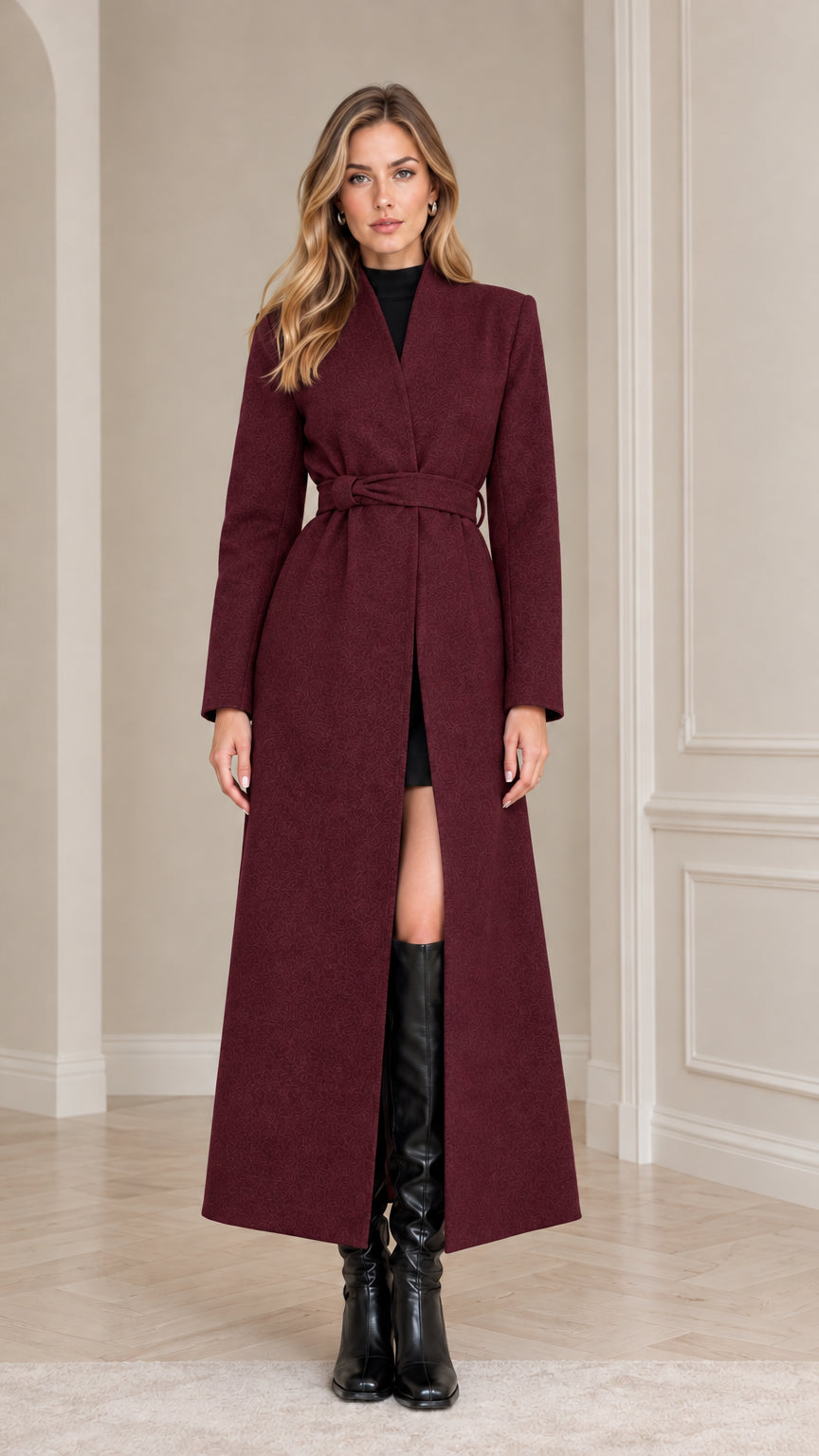 Front view of model wearing the Burgundy wine red belted maxi overcoat