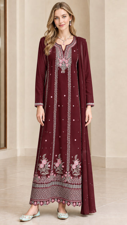 Front view of burgundy wine embroidered maxi dress with matching scarf