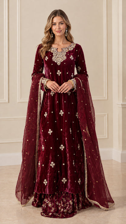 Front view of Burgundy wine embroidered velvet kurta and skirt set