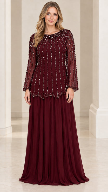 Front view of woman wearing Burgundy beaded long sleeve evening gown
