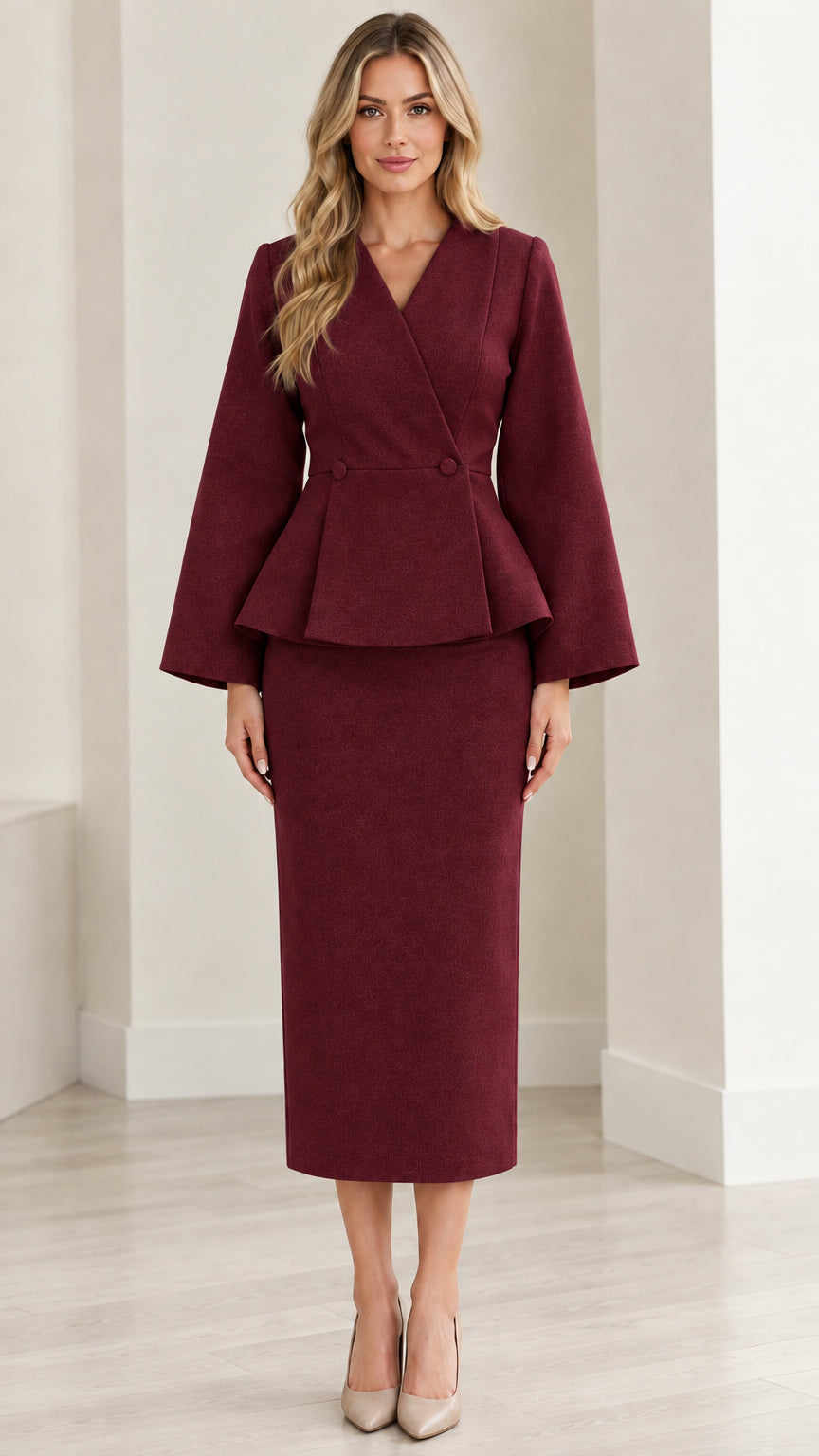 Model wearing burgundy peplum jacket and midi pencil skirt two-piece set