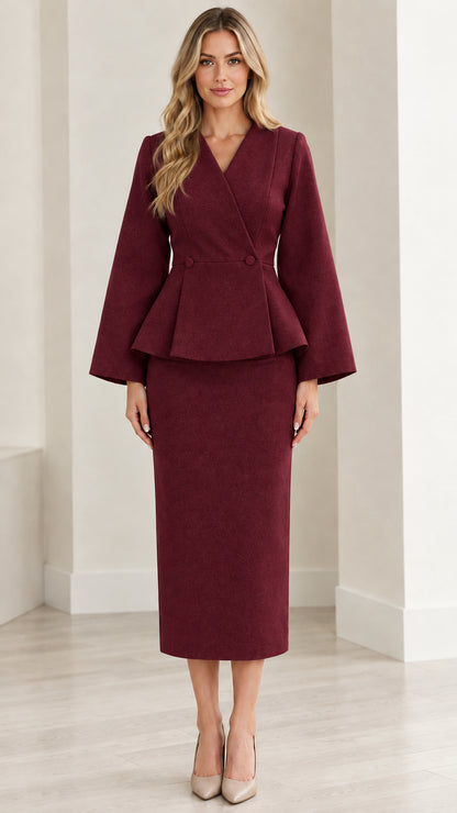 Model wearing burgundy peplum jacket and midi pencil skirt two-piece set