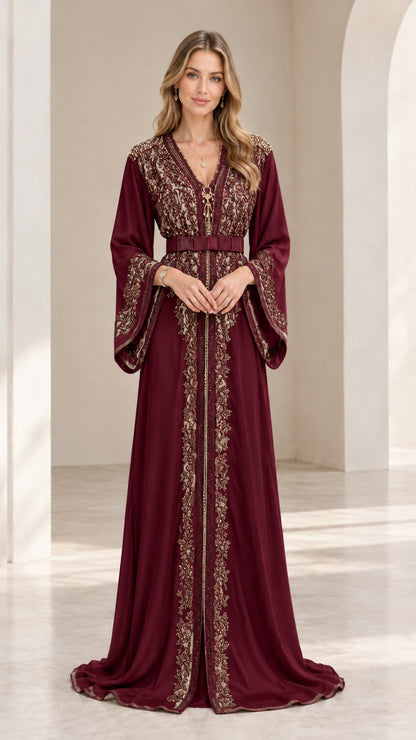 Front view of rich burgundy wine embroidered formal kaftan maxi dress