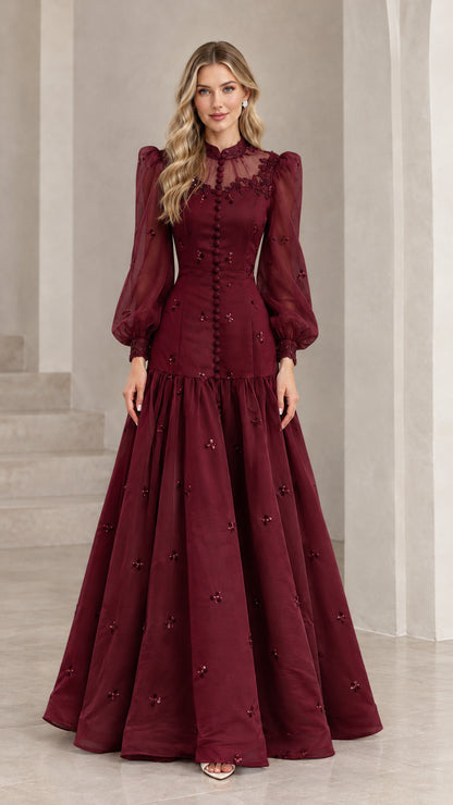 Burgundy wine red sheer long sleeve formal evening dress