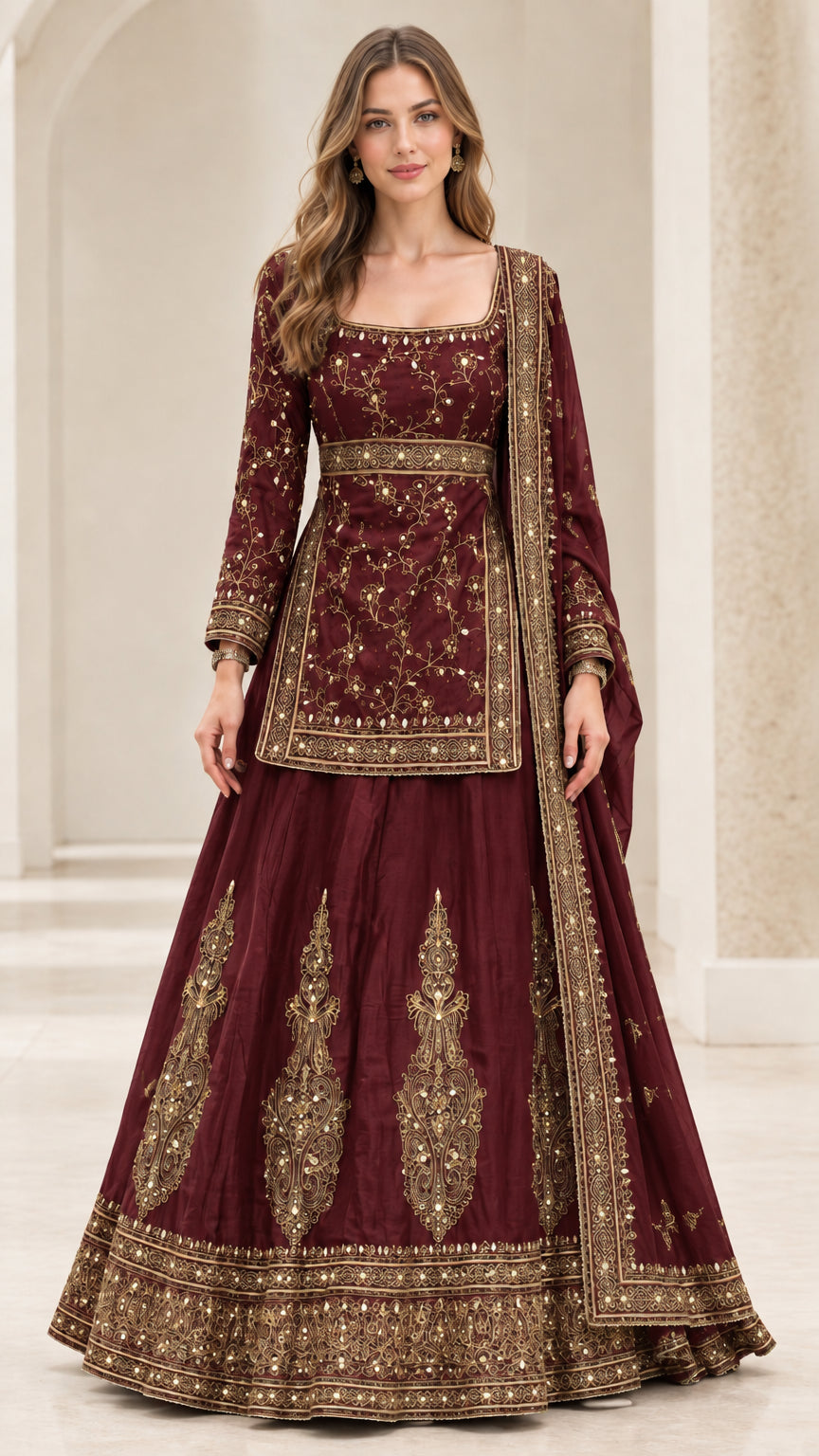 Rich maroon embroidered festive ethnic kurti and lehenga ensemble