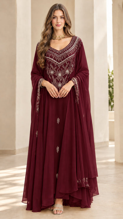 Front full view of burgundy wine embroidered maxi evening dress
