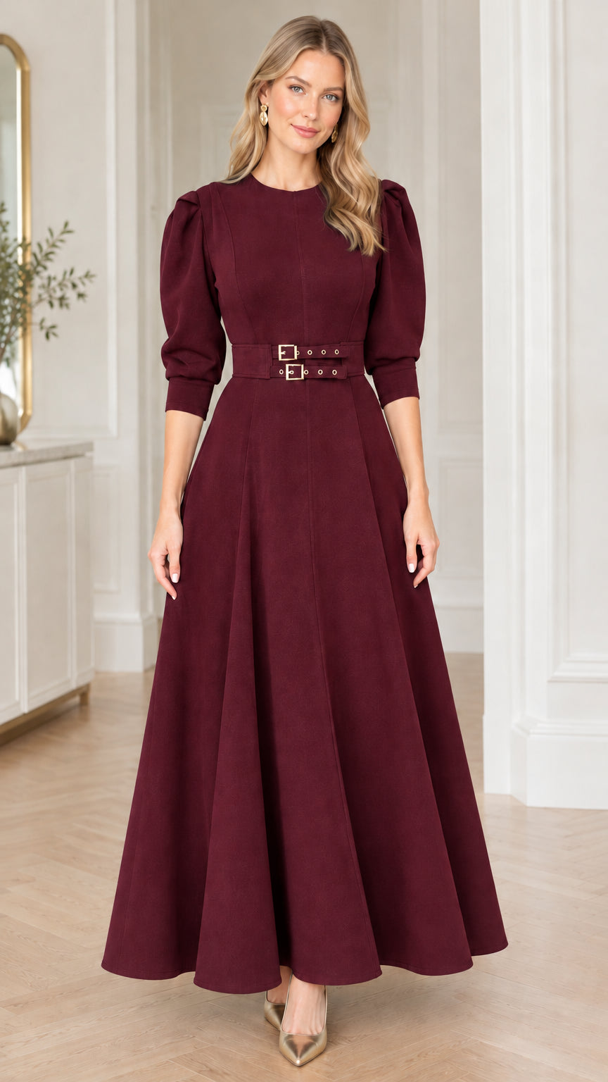 Model wearing burgundy wine puff sleeve double buckle belted maxi dress