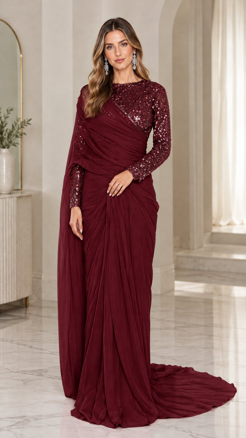 Burgundy wine red sequin bodice draped evening maxi dress with long sleeves