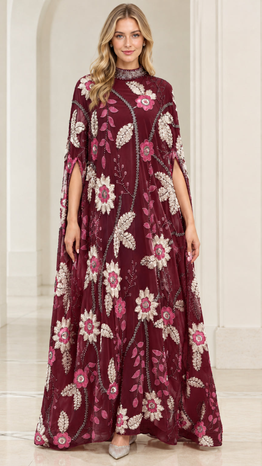 Burgundy wine floral embroidered cape maxi evening dress