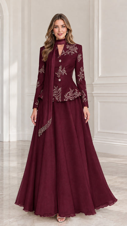 Front full-length view of Burgundy red formal peplum maxi gown set