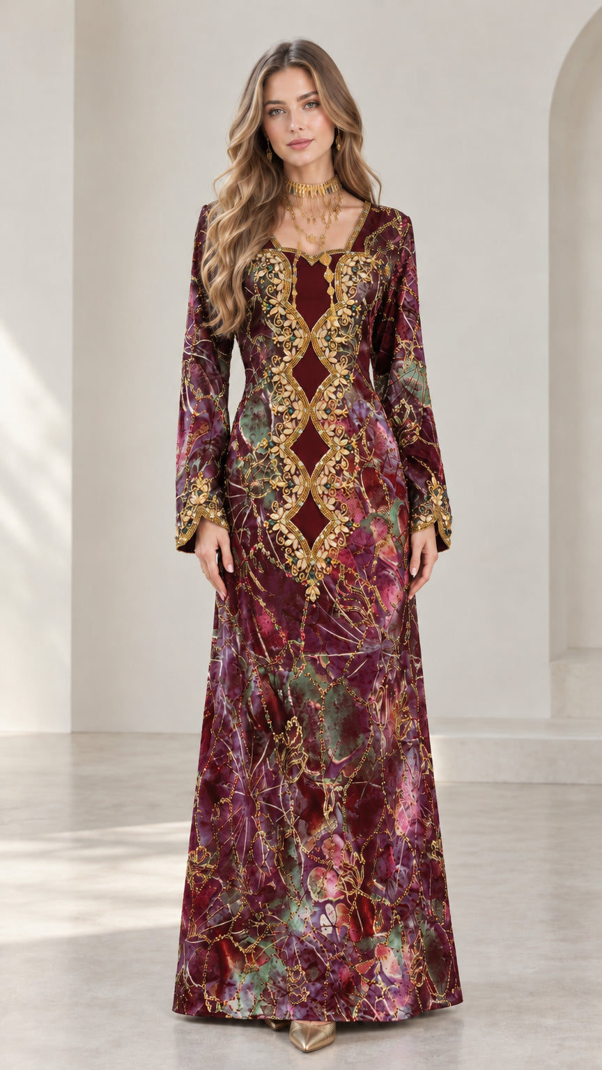Front full-length view of burgundy red embroidered evening maxi dress