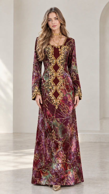 Front full-length view of burgundy red embroidered evening maxi dress