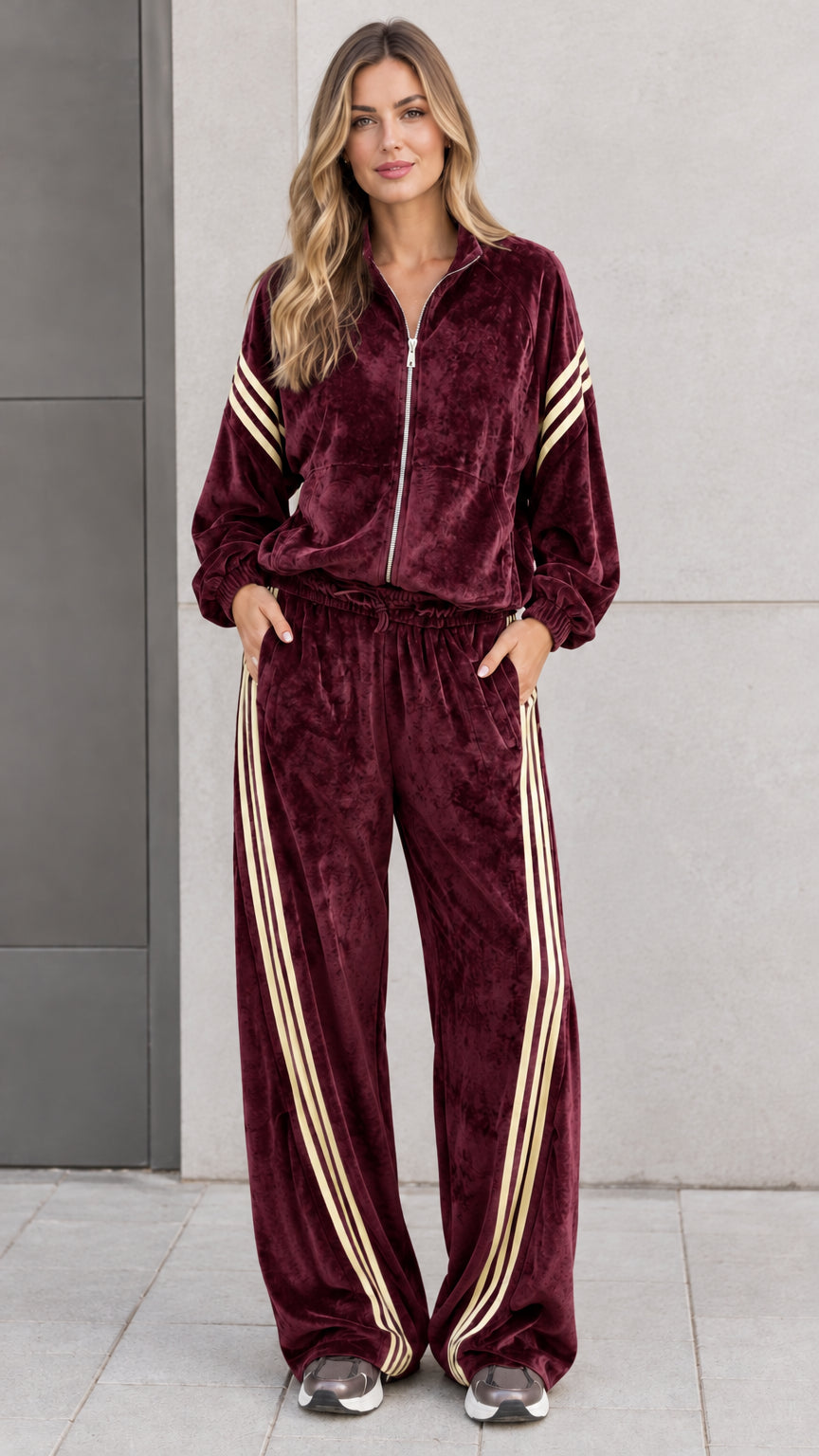 Front view of model wearing deep burgundy red velour tracksuit set with cream athletic stripes