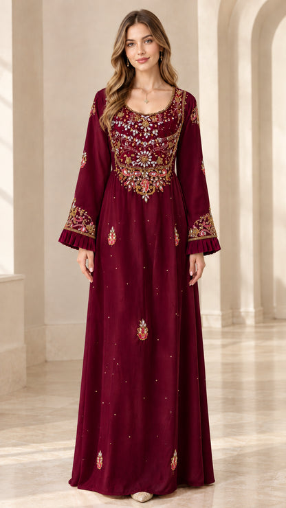 Full front view of model wearing Burgundy embroidered velvet yoke kaftan dress