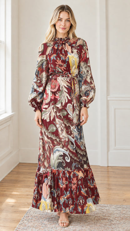 Full-length front view of floral belted tiered maxi dress in burgundy multi