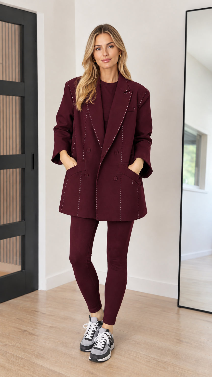Front view of model wearing burgundy contrast stitch tailored blazer