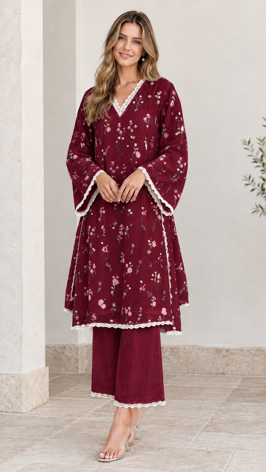 Full-length view of woman wearing burgundy floral embroidered tunic and pant set