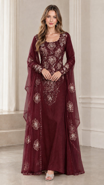 Full-length burgundy wine lace embroidered formal gown with cape detail