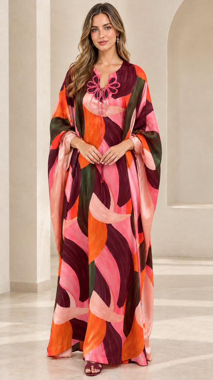 Berry Multicolor plum and terracotta abstract print kaftan dress front view