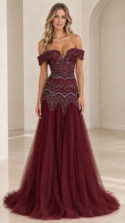 Burgundy wine off-the-shoulder beaded tulle gala dress