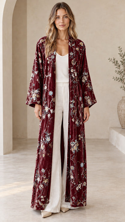 Model wearing the Burgundy floral embroidered velvet maxi duster cardigan