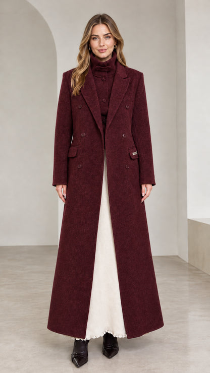 Front view of rich burgundy wine double-breasted maxi overcoat