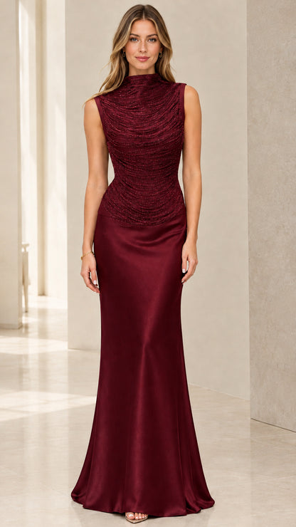 Front view of burgundy red high neck formal satin maxi dress