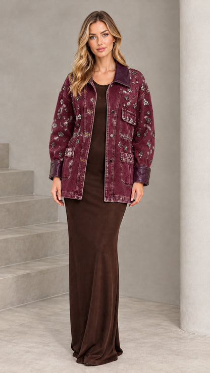 Front view of model wearing Burgundy embellished denim jacket with brown contrast trim
