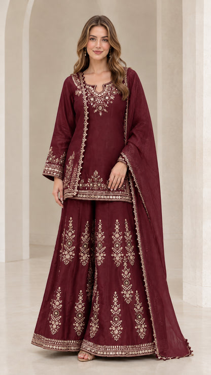 Maroon wine embroidered 3-piece wedding guest sharara suit