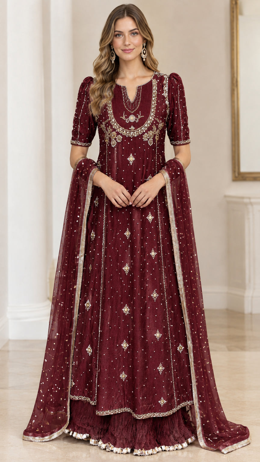Burgundy wine embroidered occasion maxi dress with beaded neckline details